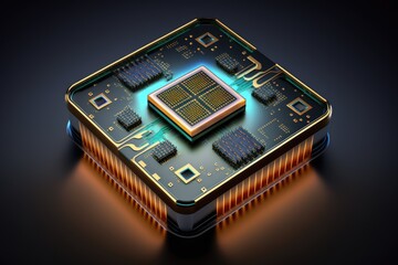 Poster - 3d rendering of microchip with integrated nanotechnologies elements, created with generative ai