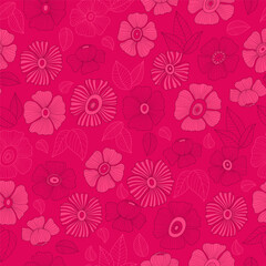 Wall Mural - Retro floral seamless pattern with linear groovy flower on magenta background. Vector Illustration. Aesthetic modern art hand drawn for wallpaper, design, textile, packaging, decor.
