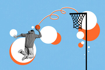 Sticker - Creative drawing painting collage of white and black filters young tall basketball player making trick slam dunk pumping high up