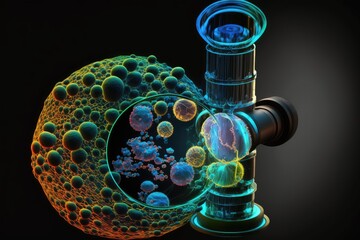 Wall Mural - microscope magnifies nanoballs on black background, nanotechnologies scientific research, created with generative ai