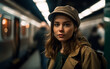 Young Beautiful Girl in a New York Subway station. Lifestyle concepts about New York, travel and urban everyday life. Shallow focus, Illustrative Generative AI. Not a real person.