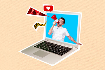 Sticker - Creative collage image of excited crazy guy inside netbook screen hold loudspeaker talk speak like notification isolated on beige background