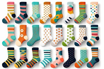 Poster - colorful set of socks with different patterns isolated on white background, created with generative ai