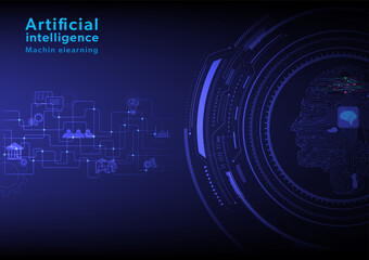 Fototapete - technology machine learning artificial intelligence tech circle head circuit with A microchip has a brain circuit in the middle of a multi-colored light line. icons and bright dots on intersecting 