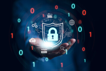 Wall Mural - Cybersecurity and privacy concepts to protect data. Lock icon and internet network security technology. Businessman hand showing protect personal data on virtual screen. computer crime, cyber secure,