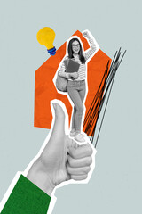 Poster - Photo minimal collage of young intelligent college student girl raise fist idea lightbulb metaphor thumb enjoy studying isolated on gray background