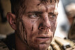 Verschmiertes Portrait Gesicht eines erschöpften Soldaten im Krieg. KI generierter Inhalt.