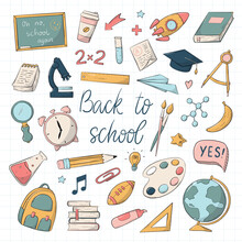 Set Of School, Education Doodles, Clip Art For Stickers, Prints, Planners, Scrapbooking, Stationary, Etc. Back To School Cartoon Elements Collection. EPS 10