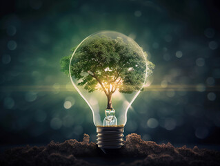 Wall Mural - In the name of Electric Energy and energy saving, for environmentally friendly energy sources. Green tree inside the bulb.AI generated illustration.