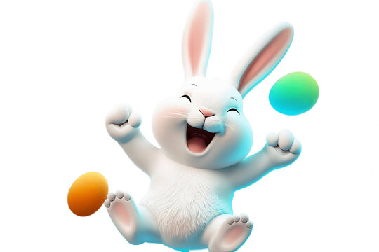 happy jumping cartoon easter bunny with colorful flying easter eggs isolated on transparent backgrou