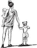 Fototapeta Konie - Hand drawn sketch of a mother with two children. Vector illustration.