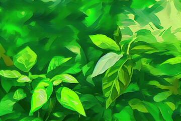 Wall Mural - Nature of green leaf in garden at summer.wallpaper, watercolor oil painting effect. Generative Ai