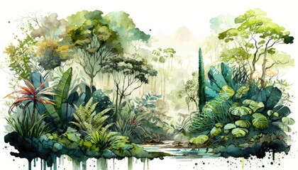 Wall Mural - Watercolor illustration lush Amazon forest landscape, painted in harmonious colors, picturesque, calming natural environment. Intricate details and textures of the foliage and wildlife. Generative AI.