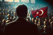 Presidential candidate speaks from stage of rostrum, agitating to vote for team, crowd voters against backdrop Turkish flags. Election campaign ahead of the elections to the authorities. Generative AI
