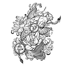 Hand Drawn Illustration Of A Flower. Asian Style Koi Fish Tattoo  Decorated With Lotus Flowers, Water Waves And Lucky Coins.