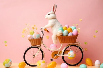 Wall Mural - adorable rabbit riding a bicycle with a basket full of easter eggs on pink background. AI generative