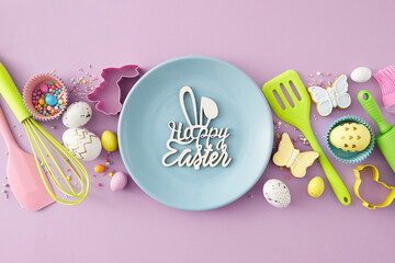 Wall Mural - Easter cooking concept. Flat lay photo of blue plate with inscription happy easter white yellow easter eggs kitchen utensils baking molds sprinkles and cookies on lilac background