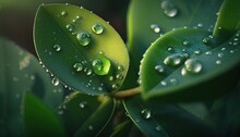  A Close Up Of A Green Leaf With Water Droplets On It's Leaves And Leaves Are In The Foreground, With A Dark Background Of Green Foliage.  Generative Ai