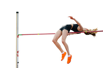 female athlete high jump in athletics event on on transparent background, isolated sports photo