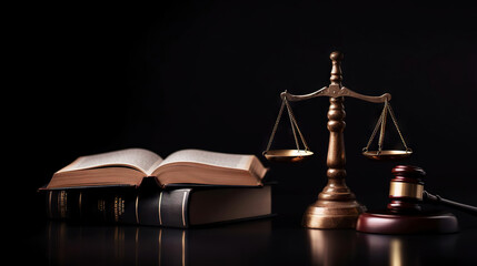 Wall Mural - Judge gavel, law scales and books on black background. Law concept of Judiciary, Jurisprudence and Justice. Copy space. Based on Generative AI