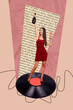 © deagreez - Vertical creative collage photo of gorgeous young girl having fun dancing on vinyl record drinking wine isolated on drawing background