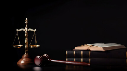 Wall Mural - Judge gavel, law scales and books on black background. Law concept of Judiciary, Jurisprudence and Justice. Copy space. Based on Generative AI