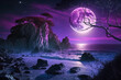 Beautiful sea landscape with full moon background. Dark beach natural scene with moonlight.