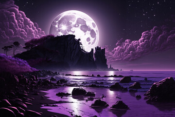 Beautiful sea landscape with full moon background. Dark beach natural scene with moonlight.