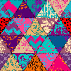Poster - Geometric abstract pattern. Bright patchwork style. Seamless pattern. Grunge background