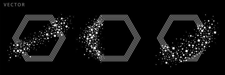 Wall Mural - set of hexagonal graphic elements. grunge symbols with scattered particles. vector monochrome illust
