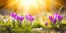 Spring Crocus Blossoms. Spring Wildflowers. Generative Ai. Beautiful Purple Blooming Flowers In The Sunlight