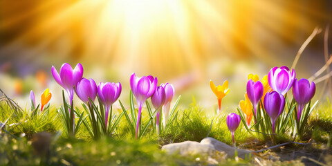 Spring crocus blossoms. Spring wildflowers. generative ai. Beautiful purple blooming flowers in the sunlight