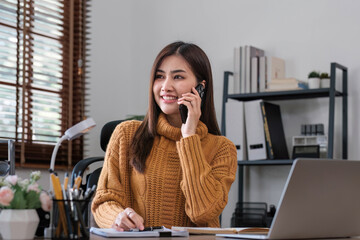 Wall Mural - Asian girl student online learning class study online video call zoom teacher, Happy asian girl learn english language online with computer laptop..