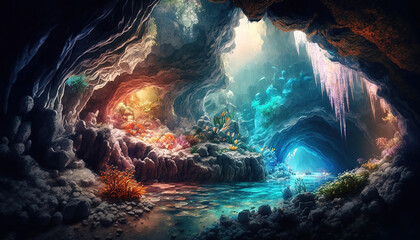 Wall Mural - inside of the beautiful fantasy magical cave, generative ai