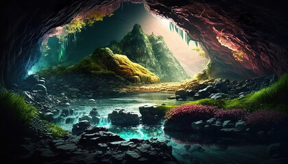 Wall Mural - inside of the beautiful fantasy magical cave, generative ai