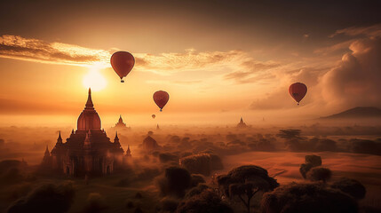 Wall Mural - sunrise over the city, angkor wat, hot air balloons, travel photography, generative ai