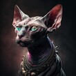 Mystical Surreal Portrait of a Sphynx Cat Princess Goddess - Furry Creature of Alien Beauty and Magical Power. Generative AI