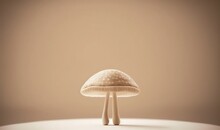  A Small Mushroom Sitting On Top Of A White Table Next To A Brown Wall With A Spot On The Top Of It's Head.  Generative Ai