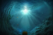 Underwater Sea  Deep Water Abyss With Blue Sun light, generative ai