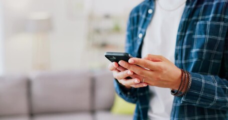 Poster - Woman hands, smartphone and typing in home on social media post, online chat and internet connection. Closeup female, house and and mobile cellphone for download, networking app and search technology