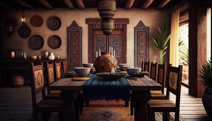Wall Mural - An African traditional dining room with a large wooden table and upholstered chairs. generative ai