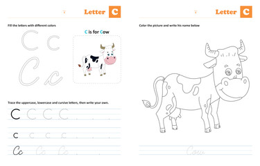 Letter  C - Tracing and coloring letters: Animals by alphabet series, helps children trace uppercase, lowercase and cursive letters (The designs are made with vector editable outlines)