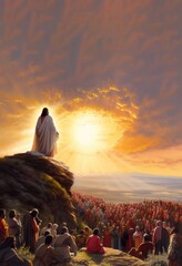 Wall Mural - Illustration of Jesus speaking by parables to the people in a sunset environment Generative AI