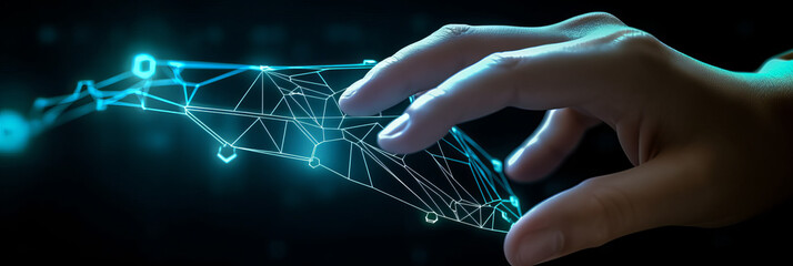 Poster - a human hand touching with digital hand, digital transformation concept. generative ai