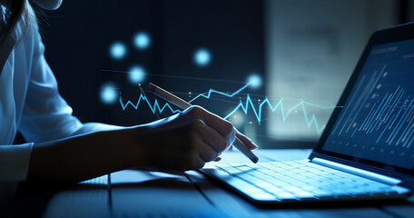 Poster - Analysis of functioning organizations' profitability using digital augmented reality images, promising signs A businesswoman figures out the numbers for long-term investments - Generative AI