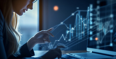 Poster - Analysis of functioning organizations' profitability using digital augmented reality images, promising signs A businesswoman figures out the numbers for long-term investments. - Generative AI