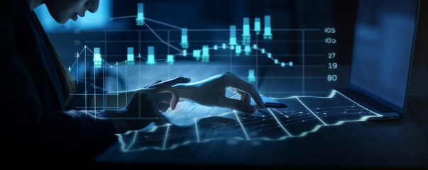Poster - Analysis of functioning organizations' profitability using digital augmented reality images, promising signs A businesswoman figures out the numbers for long-term investments - Generative AI