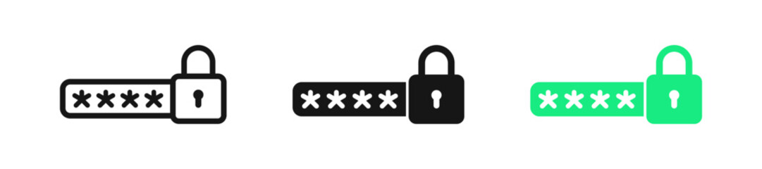 Password icon. Login symbol. Lock signs. Safe computer symbols. Security code icons. Black and green color. Vector sign.