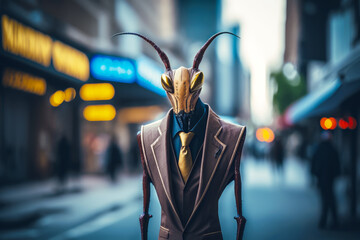 Poster - Man in suit and tie standing on street with alien like head. Generative AI.