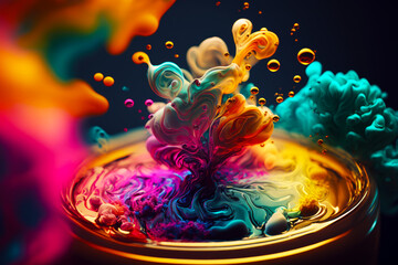 Poster - Multicolored liquid splashing into bowl of water on black background. Generative AI.